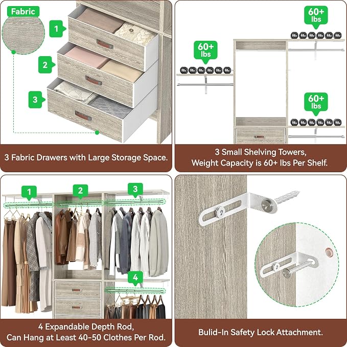 5FT Small Closet System with 3 Fabric Drawers, 60'' Walk In Closet Organizer System With 3 Adjustable Shelves, Heavy Duty Clothes Rack Built-In Garment Rack, 59" L x 16" W x 71"H, White Oak - Image 5
