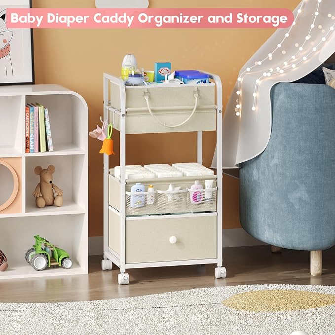 Cidaziya 2In1 Baby Diaper Caddy Organizer and Storage, 3 Tier Rolling Cart with Drawer, Detachable Dividers, Mobile Utility Cart Baby Dresser Clothes Organizer for Baby Essentials, Bedroom, Nursery - Image 3