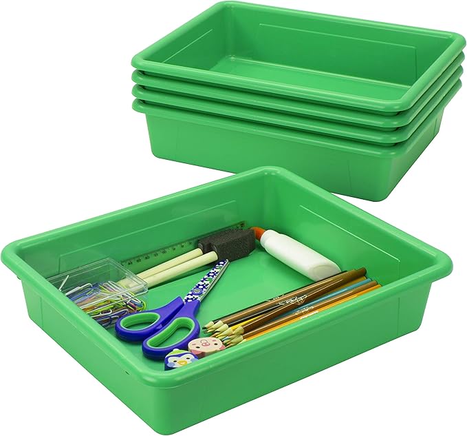 Storex Letter Size Flat Storage Tray – Organizer Bin with Non-Snap Lid for Classroom, Office and Home, Green, 5-Pack (62539U05C) - Image 4