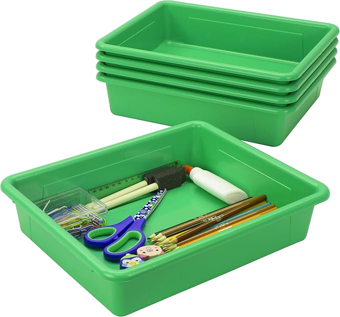 Storex Letter Size Flat Storage Tray – Organizer Bin with Non-Snap Lid for Classroom, Office and Home, Green, 5-Pack (62539A05C) - Image 4