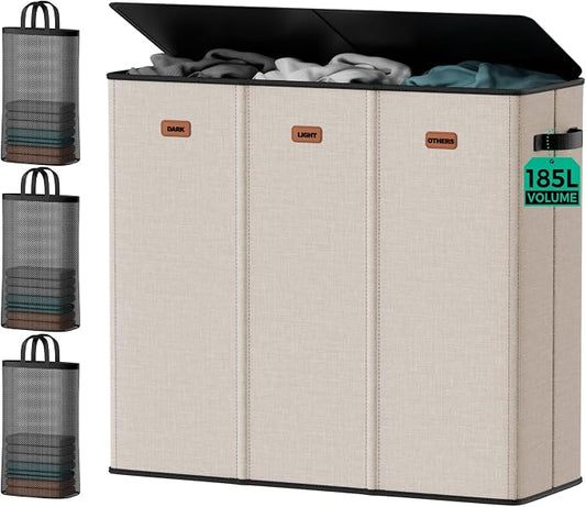 185L Laundry Hamper 3 Section with Lid & Removable Bags | Collapsible laundry basket organizer for laundry room, bedroom & dorm with 3 removable washing bags by MECINFUL