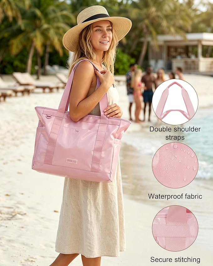FHELAD Extra Large Glossy Tote Bag for Women, Beach Shoulder Bag 25L | Waterproof Sandproof, 15.6" Laptop Compartment, Luggage Strap, Work, Travel - Image 4