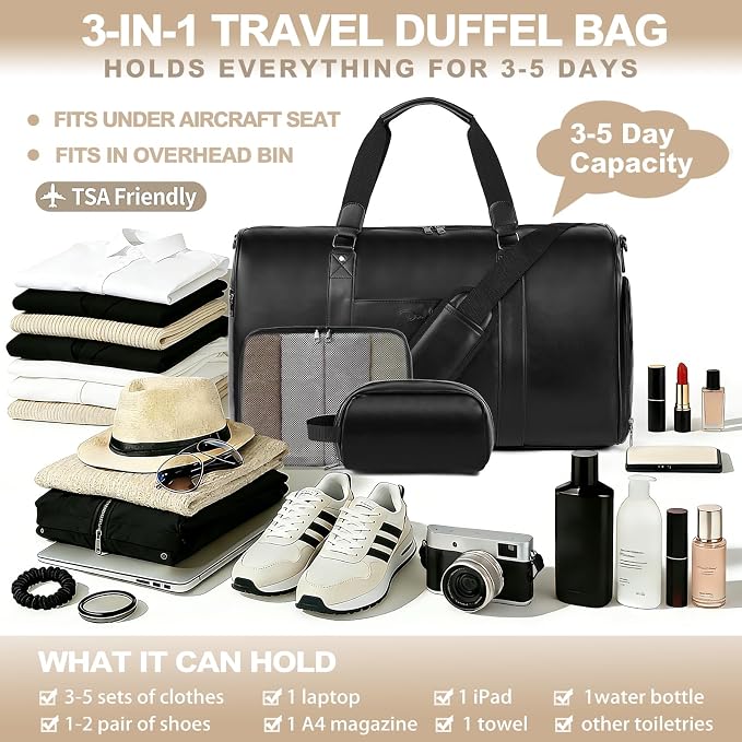 Large 3-in-1 Leather Duffle Bag for Travel Weekender Overnight Hospital Gym Bag for Men & Women, Carry On Airline Approved Personal Item Duffel Garment Bag Luggage with Shoe Compartment & Toiletry Bag - Image 5