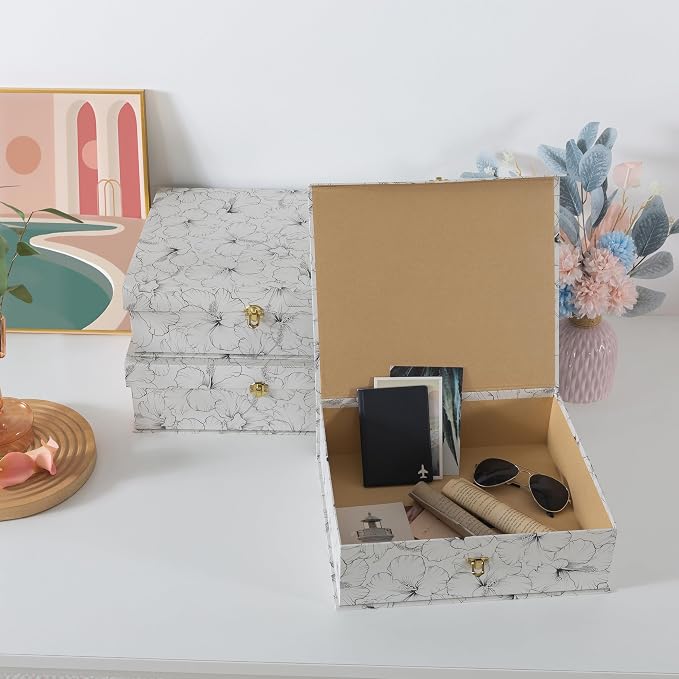Soul & Lane - Black and White Floral Boxes with Gold Hardware, Set of 3 | Large Stacking Keepsake Boxes with Lids for Home Decor and Organizing, Elegant Cardboard Memory Storage Trunks - Image 6
