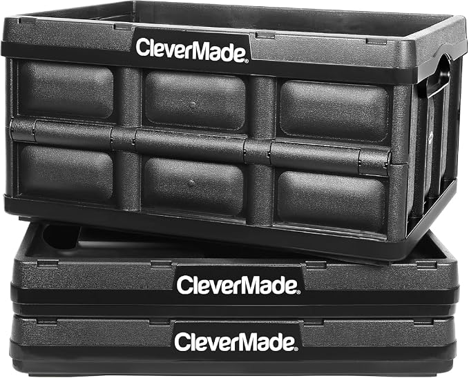 CleverMade Collapsible Storage Bins, 32L, 3 Pack Foldable Storage, Obsidian | Turn Trunk and Garage Clutter into Stackable Order | Reinforced Plastic Handles Up to 66 lb, Then Nests Compactly When Folded - Image 10