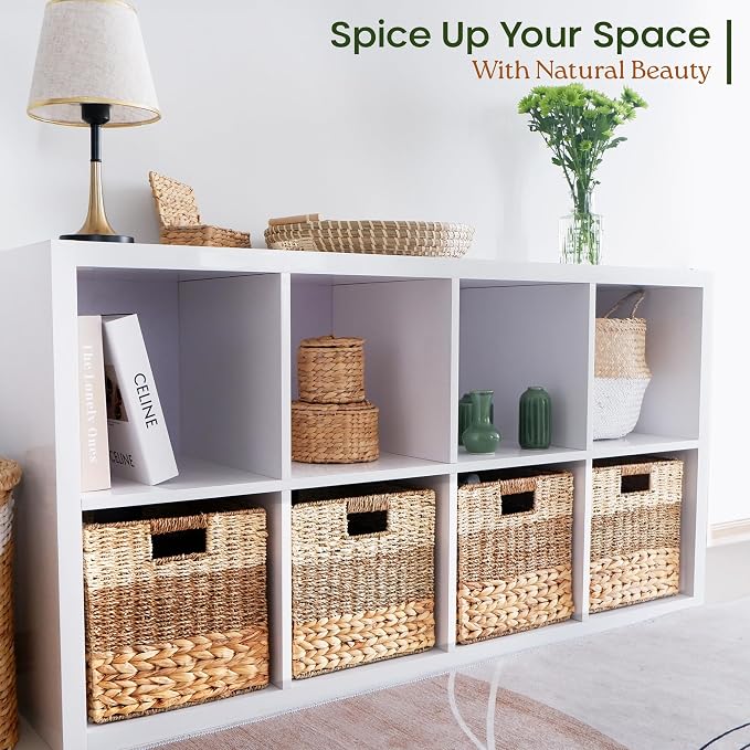 13x13 Wicker Storage Cubes, 13x13x13 Storage Cube Bins Set 4 | 13 Inch Cube Storage Bins Baskets For Shelves, Large Woven Cube Storage Bin With Handle, Foldable Square Baskets For Storage - Image 2