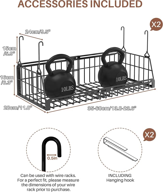 2 Pack Under Shelf Organizer Hanging Under Shelf Storage Basket, Black | Extendable heavy-duty metal under shelf basket, sturdy & durable, fits kitchen, pantry, closet, office, adjustable length - Image 2