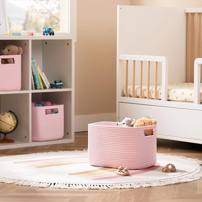 4 Pack Storage Baskets for Organizing, Shelf Baskets with Handles, Pink | 14.5"Lx9.8"Wx9"H, Woven Basket, Cotton Rope Basket, Toy Storage, Cube Shelf, Gift Baskets Empty, Home Decor - Image 3