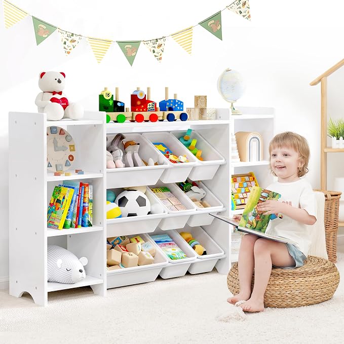 MallBest 57" Extra Wide Kids Bookshelf and Toy Storage Organizer, Solid Pine Wood Frame Playroom Organizer with 9 Bins, 4-Tier Toy Organizer for Kids Room, Nursery and Bedroom,White - Image 2