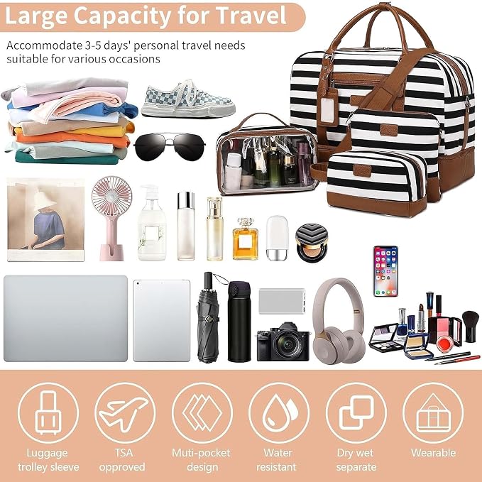 4PCS Weekender Bags for Women Large Overnight Weekend Travel Duffel Bags | Travel Bag Carry-on Tote Hospital Bag with Shoe Compartment Crossbody Toiletry Bag for Travel Business Gym Water Resistant - Image 6