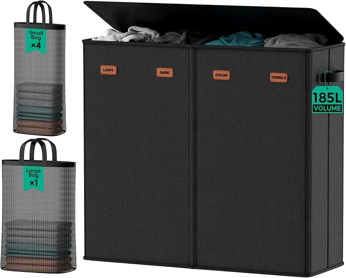 185L Laundry Hamper 4 Section with Lid & Removable Bags | Collapsible laundry basket organizer for laundry room, bedroom & dorm with 5 removable washing bags by MECINFUL
