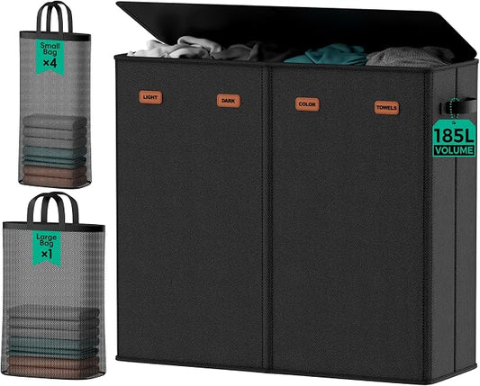 185L Laundry Hamper 4 Section with Lid & Removable Bags | Collapsible laundry basket organizer for laundry room, bedroom & dorm with 5 removable washing bags by MECINFUL
