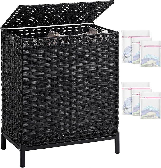 SETVSON Laundry Hamper with Lid, 112 L PE Rattan Woven Bin, Black | Decorative Furniture Look for Bedroom & Bathroom, 2-Section Sorting Hamper with Lid, 2 Liners, 6 Bags, Metal Feet by SETVSON