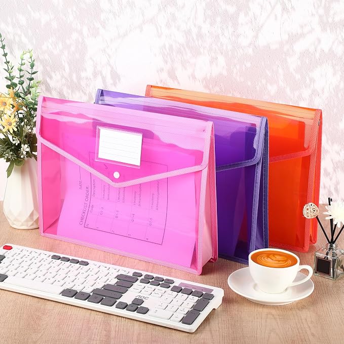 Epakh 3 Pack Plastic Expanding File Folders Expandable File Folder with Snap Closure for Document Transparent Waterproof Document Organizer Holder for School Office Home (Pink Purple Orange) - Image 5