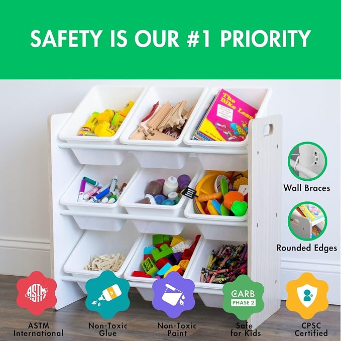 Humble Crew Kids Toy Organizer with 9 Bins, 3 Tier Storage for Playroom | Sturdy wood and steel toddler shelf, removable BPA-free containers, wall anchor anti-tip safety kit for bedroom or classroom - Image 4