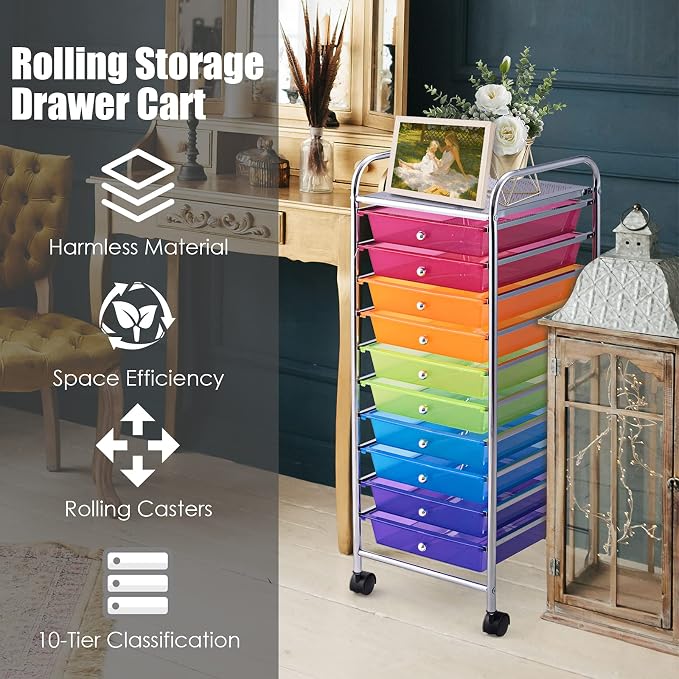 GOFLAME 10-Drawer Rolling Storage Drawer Cart, Utility Cart with Removable Drawers & Metal Frame, Mobile Art Craft Drawer Cart with Lockable Wheels for Home, Office, Studio, School, Rainbow - Image 4