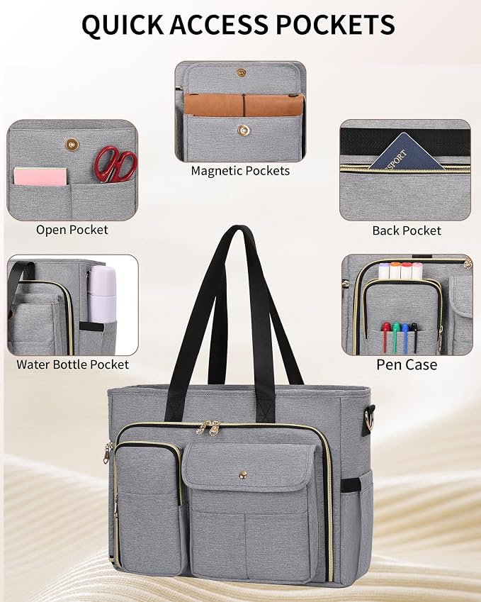 ESTARER Teacher Tote Bag Women 15.6 inch Laptop Bag for Work with Accordion File Organizer & Insulated Pocket, Professional Computer Messenger Shoulder Bag Briefcase for Office/College/Nursing (Grey) - Image 5