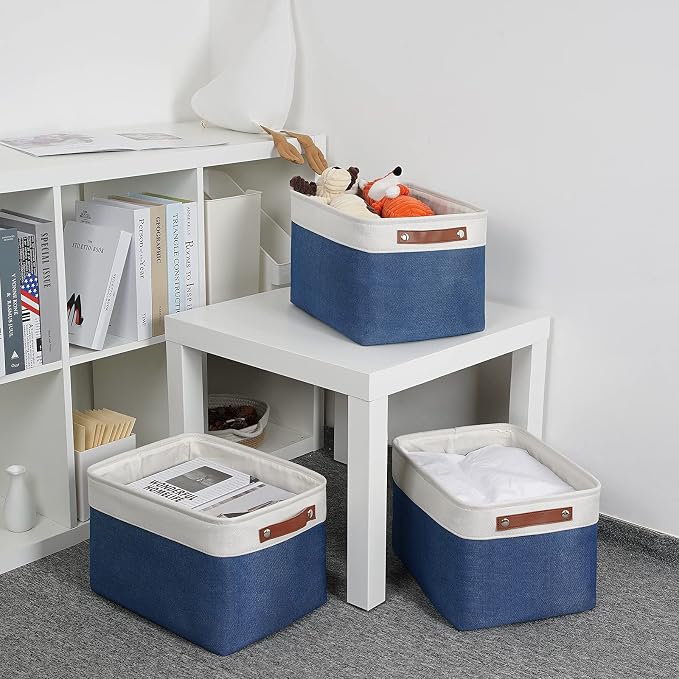 DULLEMELO Fabric Storage Bins, Foldable Storage Baskets for Organizing, Empty Gift Baskets (3-Pack Medium-15 inch X 11 inch X 9.5 inch , White&Blue) - Image 6