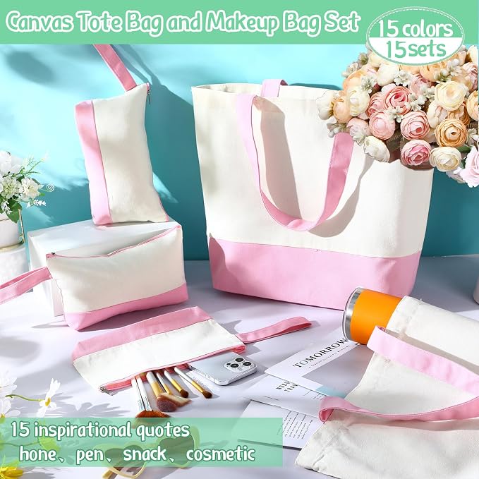 Sanwuta 16 Pcs Canvas Tote Bags Bulk with Zipper Cosmetic Pouch,Pink | 18.5" Reusable Cotton Shopping Bag with Handle for DIY Craft - Image 6