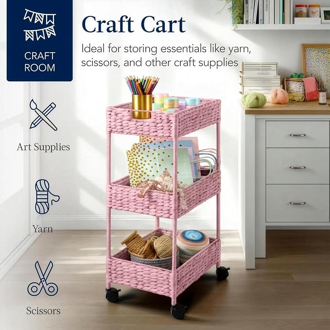 Best Choice Products 3-Tier Water Hyacinth Rolling Nursery Caddy w/Wheels, Utility Cart, Storage Organization for Bathroom, Craft Room, Laundry Room - Pink - Image 7