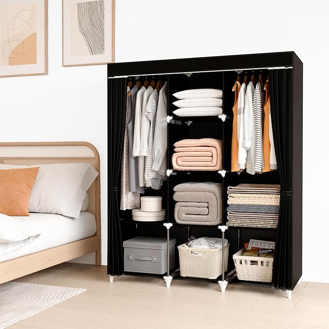 Portable Closet, Bedroom Wardrobe Closet for Hanging Clothes | 2 Hanging Rods, 8 Storage Organizer Shelves, Pipe Diameter 16mm, Durable and Easy to Assemble, Black - Image 2