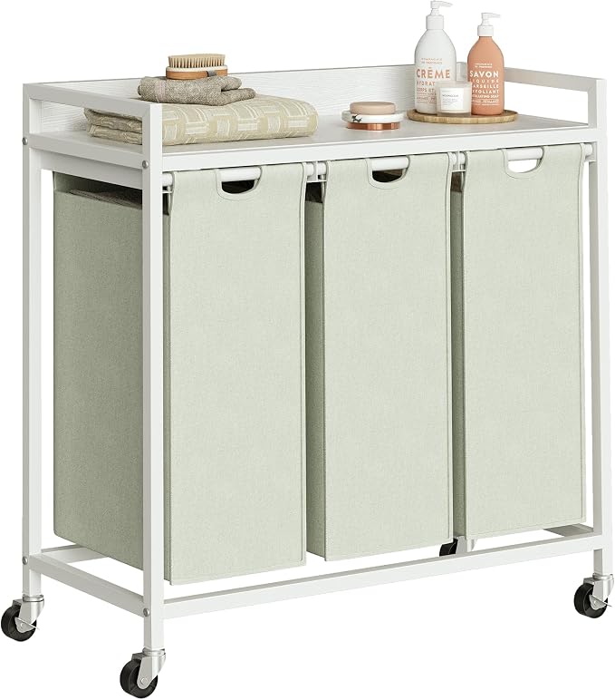 Herture Laundry Hampers with Shelf, Laundry Basket 3 Section, 3 x 15.87 Gal | Laundry Sorter with Pull-Out Removable Large 3 White Bags and Movable Wheels, Metal Frame, White PF04XLW by Herture