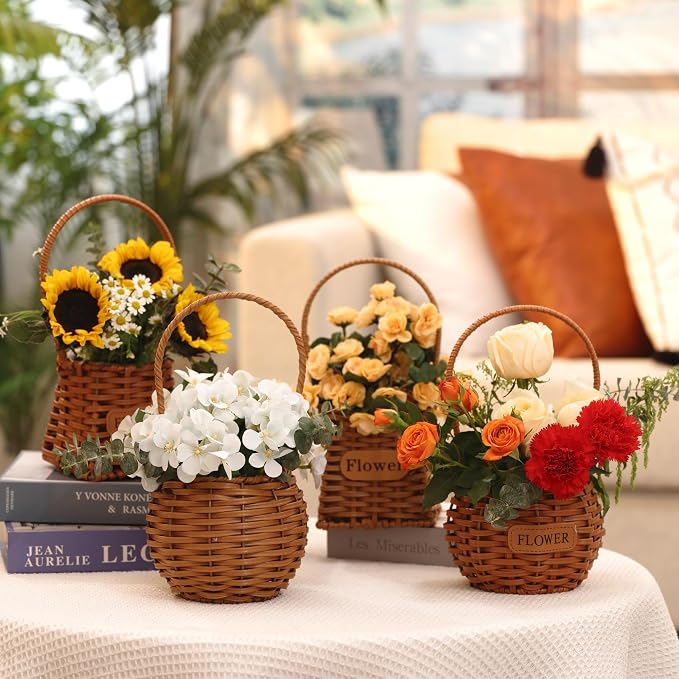 Set of 4 Flower Basket with Handle, QENUIITEA Imitation Rattan Woven Picnic Basket with Plastic Waterproof Lining, Flower Girl Baskets for Wedding Valentine's Day, Storage Basket for Home Decor - Image 2