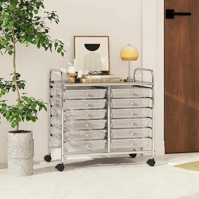 RELAX4LIFE 12-Drawer Rolling Storage Cart - Mobile Utility Cart on Wheels for School Classroom Teacher Office Salon, Paper File Art Supply Craft Organizer, Rolling Cart with Drawers (Clear) - Image 2