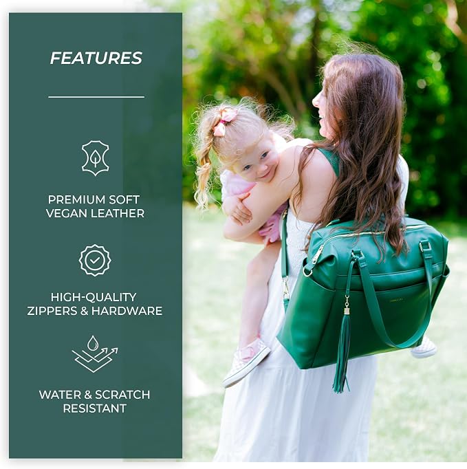 Large Diaper Bag Backpack, Vegan Leather Diaper Travel Tote Bag with Changing Pad and Stroller Straps - Image 2