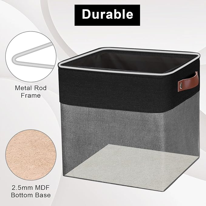 Collapsible Fabric Storage Cubes 11x11 Cube Storage Bins, 4 Pack Closet Baskets Box with Handles for Organizing, Shelf, Toys, Clothes, Home, Office, Nursery (Grey&Black) - Image 4