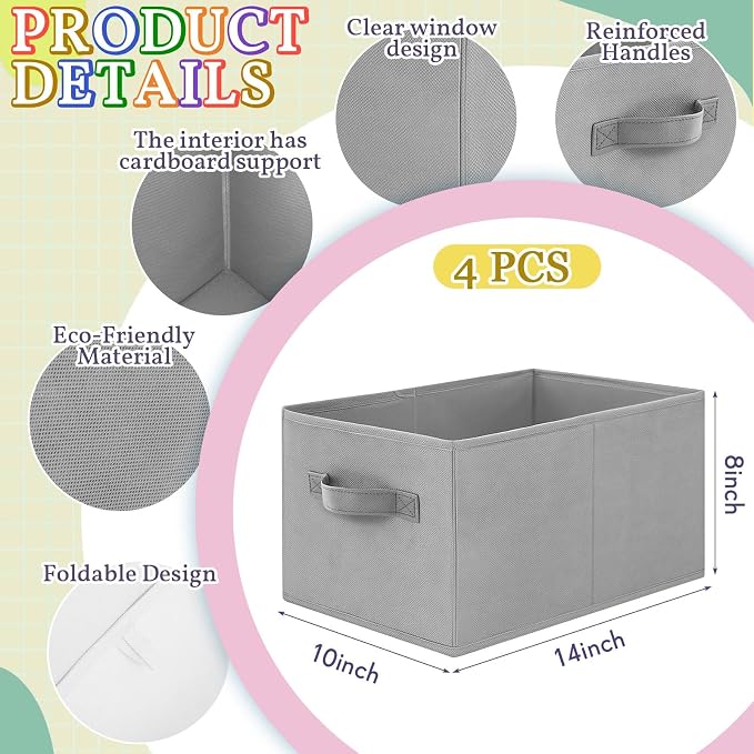 Yinder 4 Pcs Cube Storage Bin Gray 14''x10''x8'' Storage Bins for Playroom Decor Colorful Bins for Kids Foldable Baskets for Nursery Organizer Boxes Fabric Boxes - Image 2