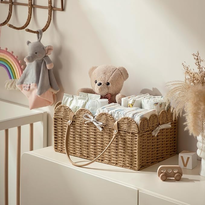 HBlife Large Baby Diaper Caddy, Paper Rope Scalloped Storage Baskets Nursery Bin with Removable Divider, Portable Car Organizer for Diapers, Baby Shower Gifts, Newborn Essentials Must Haves, Brown - Image 3