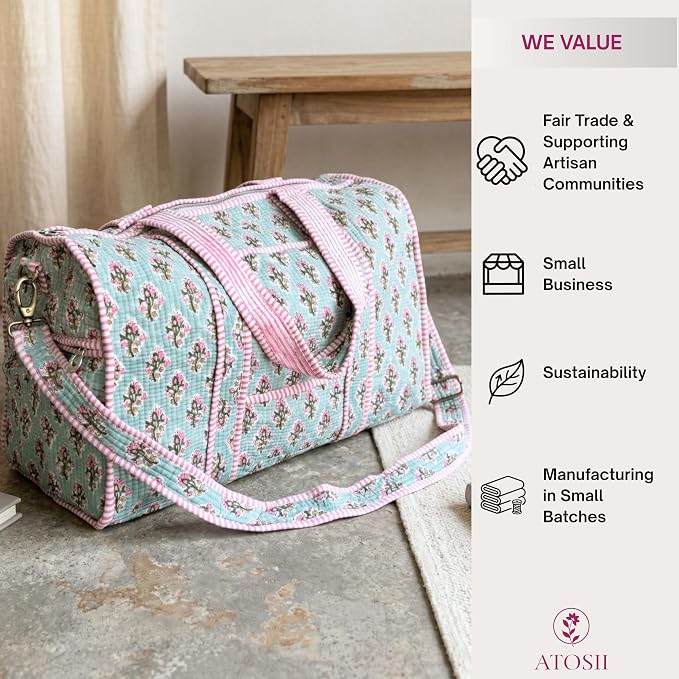 ATOSII Large Duffle Bag, Handblock Print 100% Quilted Cotton for Overnight Trip, Travel Weekender, Luggage, 2 Pockets with Zipper, 1 Front Pocket, Detachable Long Strap, 20 X 10 X 12 Inches, Bluebell - Image 5