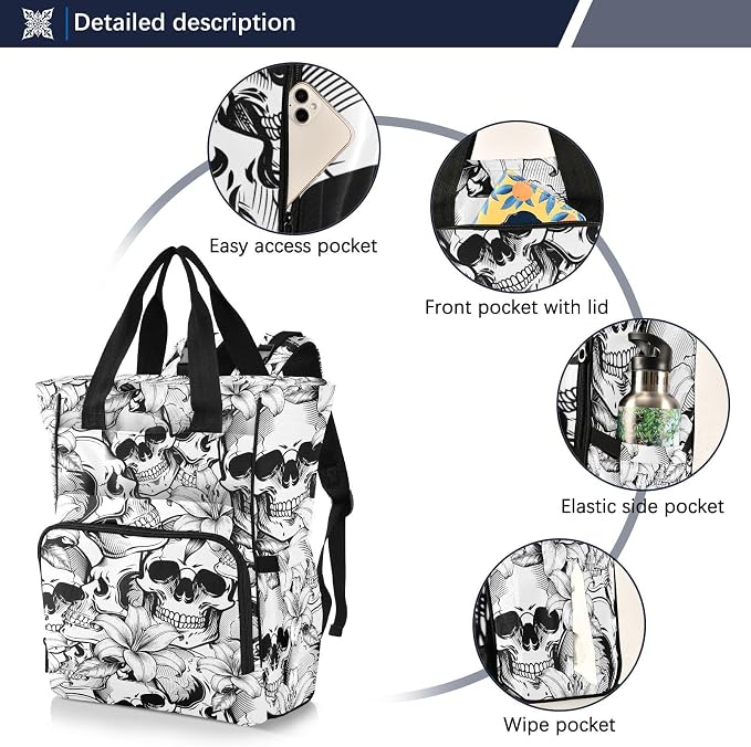 MNSRUU Diaper Bag Goth Skull White Diaper Bag Backpack Multifunction Travel Diaper Bag Tote Large Capacity Diaper Changing Backpacks for Moms Dads - Image 2