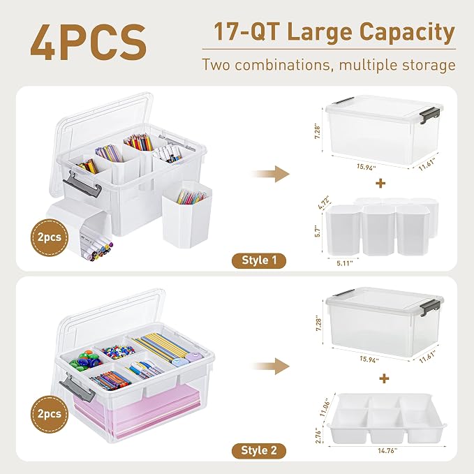 Citylife 17QT 4Packs Clear Craft Organizers and Storage Bins with Lids | Stackable Art Supply Organizer with Tray and 6 Inserts for Markers, Crayons, Pencils, Tools, Playdoh, Coloring Books - Image 2