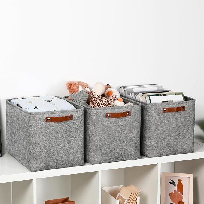 DULLEMELO Large Storage Baskets, 3 Pack Foldable Storage Baskets Bins for Colthes Organizer, Fabric Storage Organizer Baskets for Shelves Closet Nursery Toy Storage(Gray) - Image 3