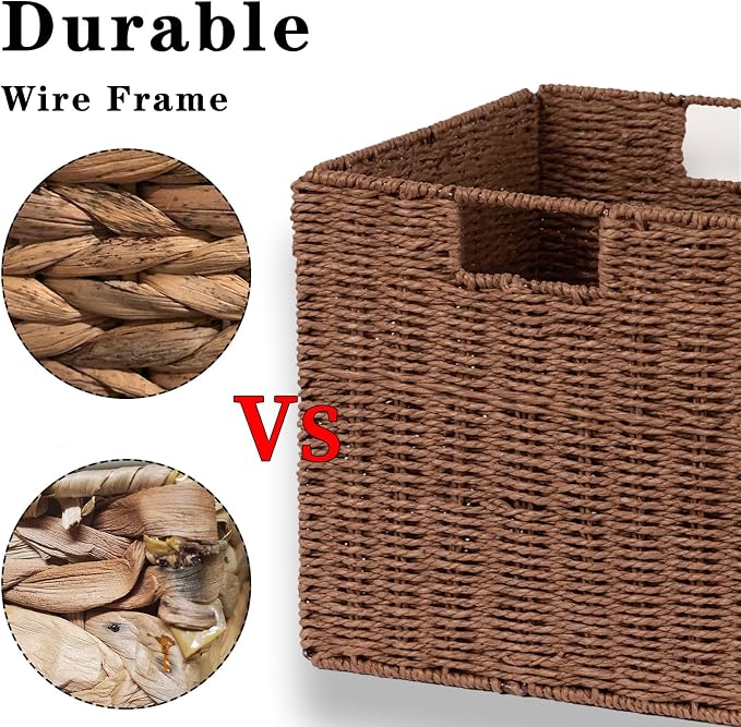 Wicker Storage Basket, Set of 2 Hand-Woven Storage Baskets for Shelves with Handles, Foldable Cube Storage Baskets Bins Organizer, 13 inch Large Wicker Baskets for Pantry Bedroom Decor, Brown - Image 6