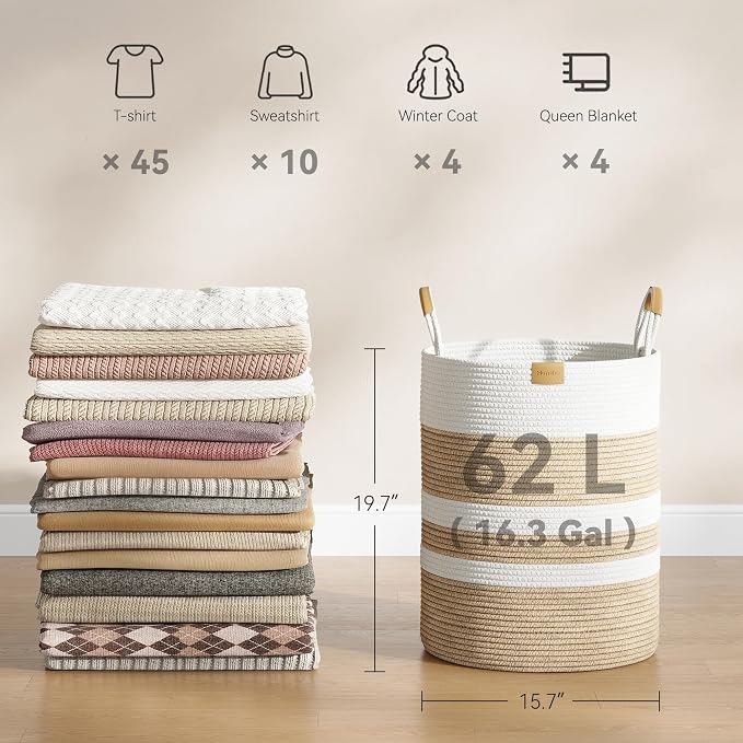Nunsino 62L Striped Laundry Hamper with Leather Handles,Large Foldable Laundry Basket for Clothes,Cotton Rope Storage Bin for Blankets,Woven Clothes Basket for Bedroom, Beige Stripes - Image 4