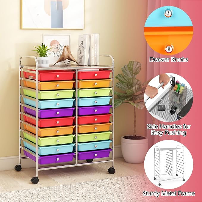 RELAX4LIFE 20 Drawer Rolling Storage Cart, Mobile Rolling Cart w/Drawers for School Classroom Teacher Office Home Salon, Paper File Art Supply Craft Organizer, Utility Cart on Wheels (Multicolor) - Image 6