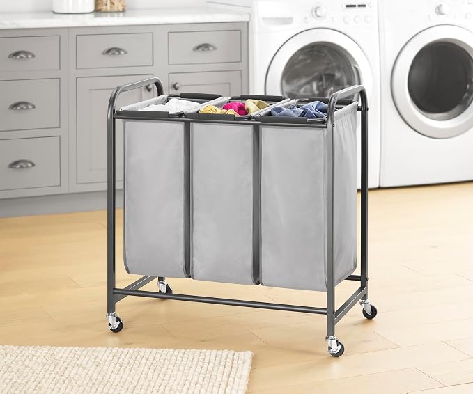 Whitmor Triple Laundry Sorter - 3 Removable Bags with Easy-Grip Handles - Rolling Laundry Sorter - Grey by Whitmor