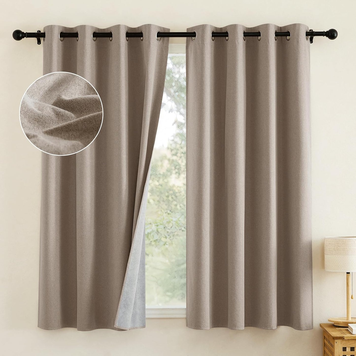 NICETOWN Linen 100% Blackout Short Curtains 63 inches Lenghth Burg for Kitchen, 2 Panels, Burlap Faux Linen Drapes with Thermal Insulated White Liner, Keeping Out Cold Air and Heat Panels