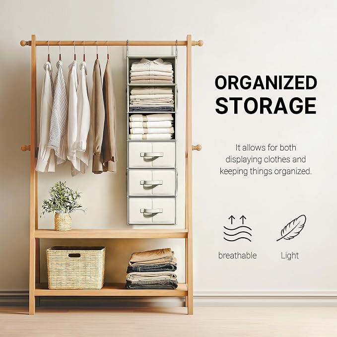 6-Shelf Hanging Closet Organizer with 3 Fabric Drawers, Beige | Removable Fabric Drawers, Side Pockets, Reinforced Structure, Space-Saving Storage for Clothes, Nursery and Dorm Rooms - Image 5