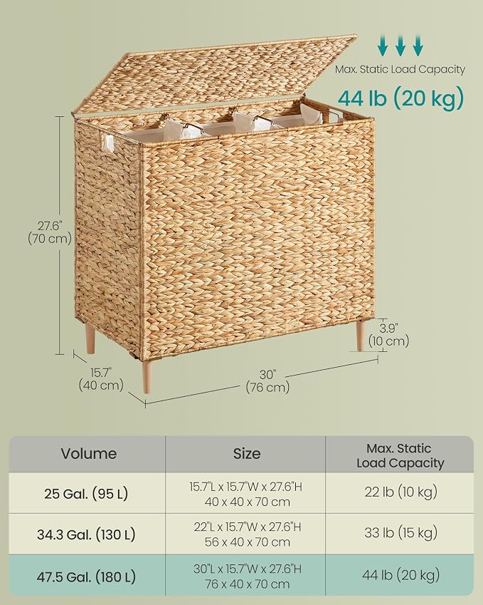 SONGMICS Laundry Hamper 3 Sections, 47.5 Gal. (180 L) Handwoven Water Hyacinth Wicker Laundry Basket with Lid, Natural Material, Removable Machine Washable Liners, Handles, Natural ULCB203Y01 - Image 6