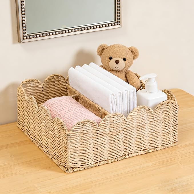 Rattan Divided Scalloped Basket,Wicker Diaper Caddy Scalloped Baske,Woven Natural Basket with 4 Dividers,Suitable for Baby Rooms, Bathrooms, Bedrooms (Rattan) - Image 2