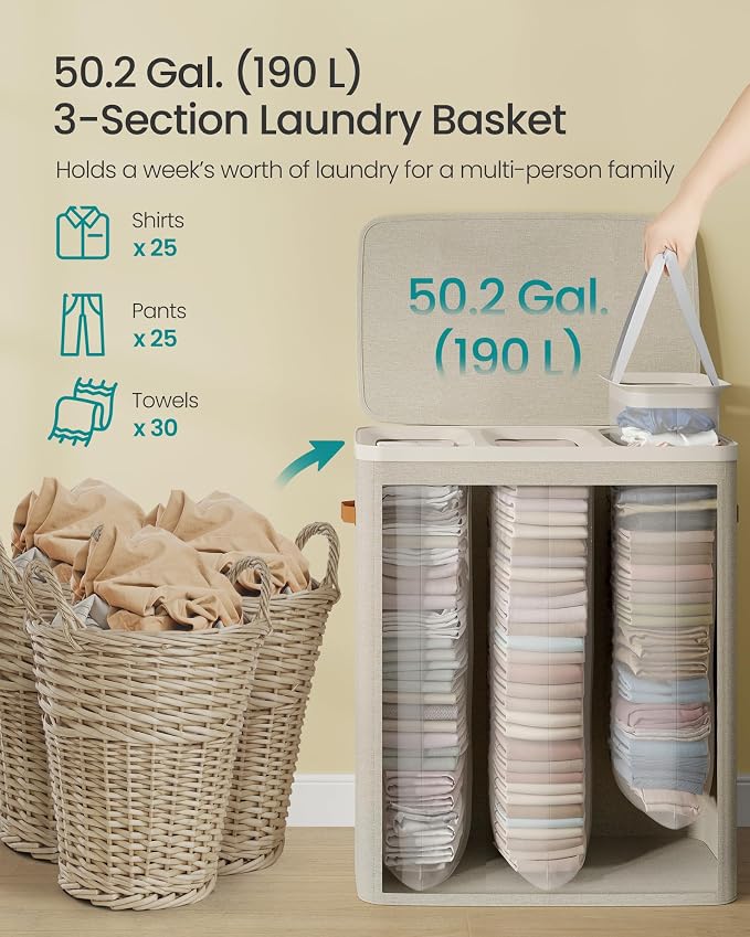 SONGMICS Laundry Basket, 50.2 Gal. Laundry Hamper, 3 Compartments, Easy Assembly, with Lid and Handles, Removable Liners, 25.2 x 15.7 x 29.5 Inches, Cappuccino Beige ULCB814LH01 - Image 4
