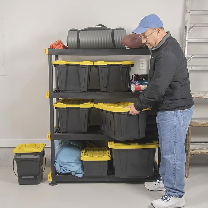 CX Heavy Duty 12-Gallon Stackable Plastic Storage Bins with Lids, 4 Pack | Storage totes for garage organization, Stackable containers, weather-resistant, snap lid, 12.5H x 16.3W x 21.8D, Black/Yellow - Image 9