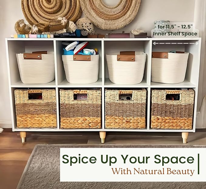 11x11 Wicker Storage Cubes Storage Baskets For Shelves Set 4 | 10.5 x 10.5 Water Hyacinth Storage Baskets Woven With Seagrass, Palm Leaf. Foldable Square Baskets With Carry Handles - Image 3