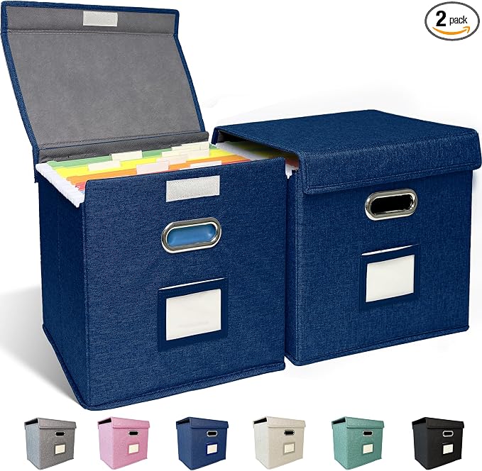 2 Pack Hanging File Folder Box with Lid, Durable Letter Size Filing Storage Box, Sturdy File Holder with Cardboard Support PVC Rails for Office Home Organizer, Blue by ComfortKeeper