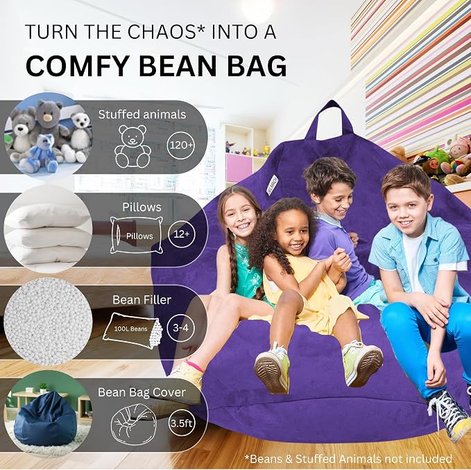 Bean Bag Stuffed Animal Storage Chair Cover (No Filler) for Kids and Adults. Extra Large Bird's Nest Beanbag Memory Foam Soft Premium (Purple, 3.5 ft (Cover Only)) - Image 2