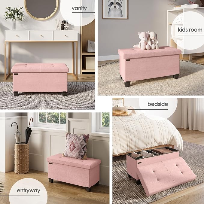 Storage Ottoman Bench with Bins, 30-in Storage Bench for Bedroom End of Bed, Folding Foot Rest Ottoman for Living Room Max 660lbs, Fabric Ottomans, Pink - Image 4